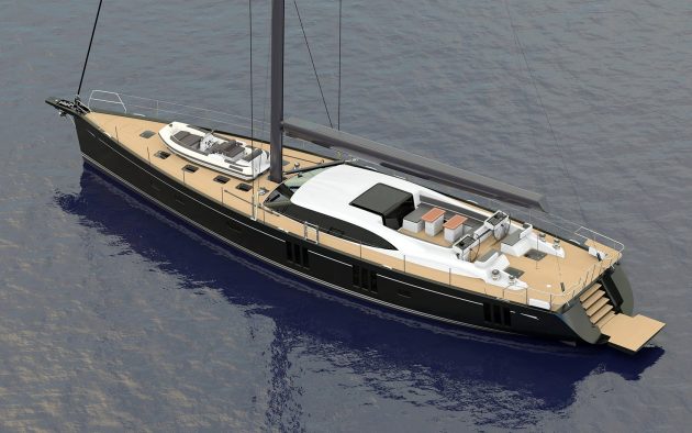 A drawing of a new Oyster Yachts superyacht, which has a black hull and a wooden deck