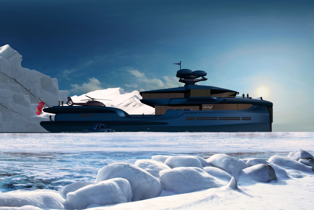 green expedition yacht rendering going through ice
