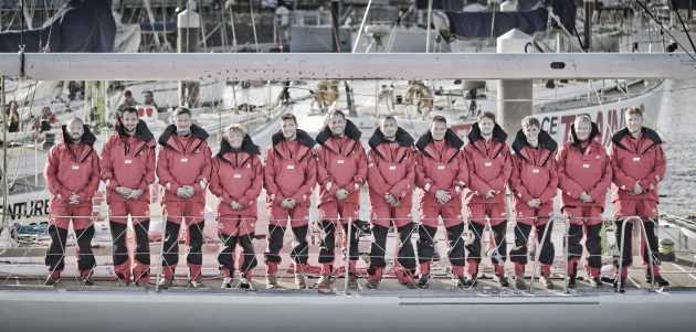 Clipper round the world yacht skippers lined up in a row