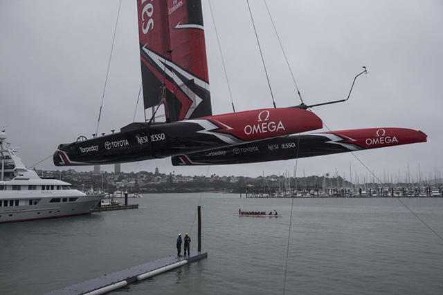 America's Cup boat, New Zealand, is lowered into the water