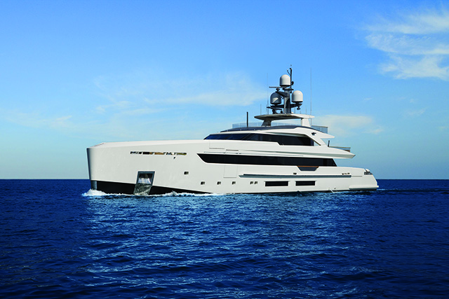 A white 50-metre yacht undergoing sea trials