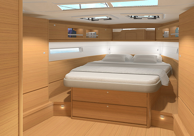 A render showing the front of cabin of the Defour 520 Grand Large