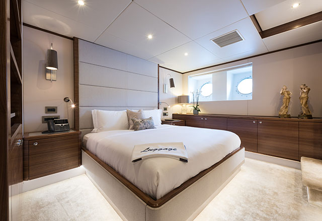A double bed in one of the guest rooms on board Lord Alan Sugar's superyacht, Lady A