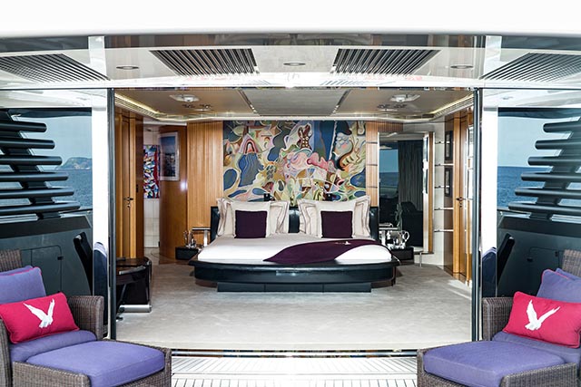 A bedroom on board the superyacht Maltese Falcon