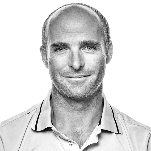 A black and white photo of the French solo sailor Nicolas Lunven