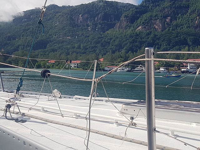 Battered rail of the yacht, Maiden, abandoned in the Seychelles, Indian Ocean