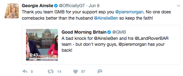 The wife of Sir Ben Ainslie tweets after has husband is knocked out of the America's Cup